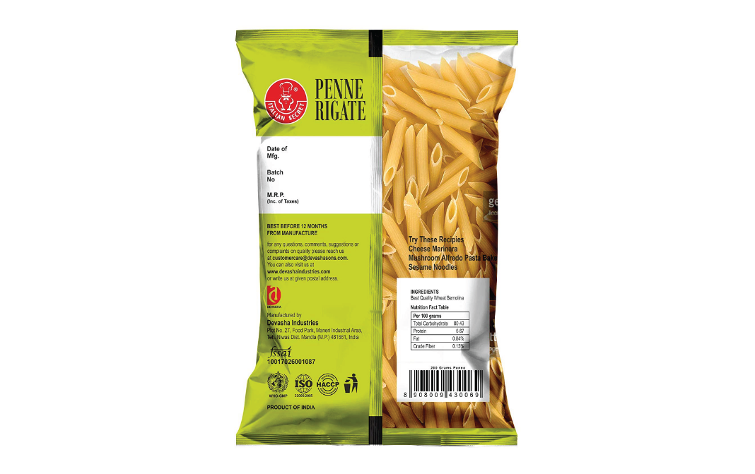 Italian Secret Deliziosa Pasta Italiana Penne Rigate   Pack  200 grams